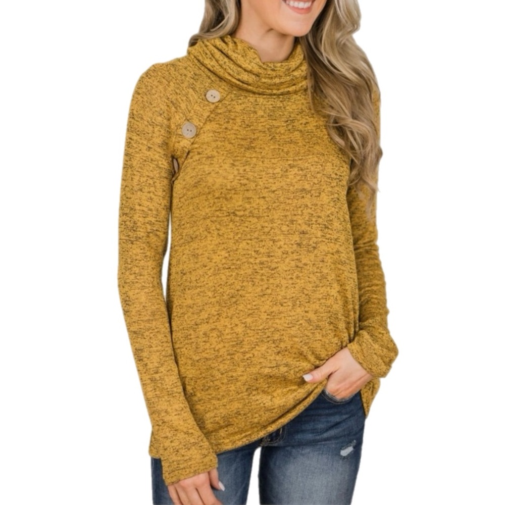 Mustard Cowl‎ Neck Button Detail Top Long Sleeve Blouse M